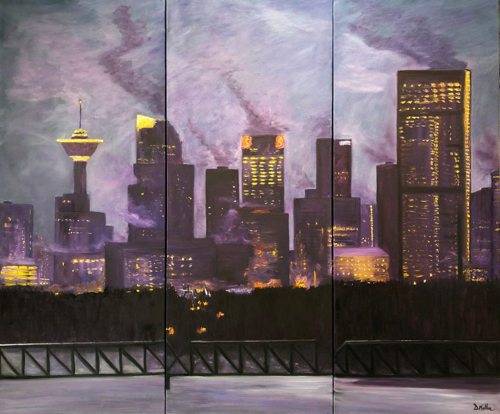 Calgary, Albert, evening, skyline, oil painting, artist Donna Muller