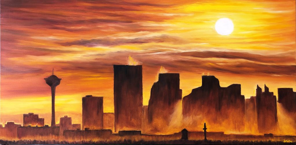 Calgary, Alberta, Skyline, Evening, orange, oil painting, artist Donna Muller