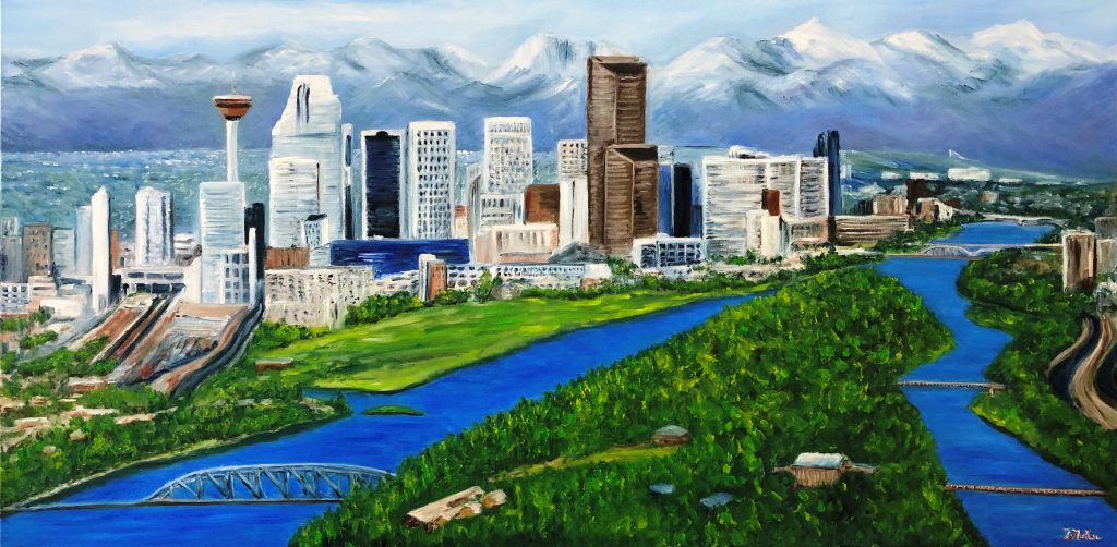 Calgary Skyline, oil painting, artist Donna Muller