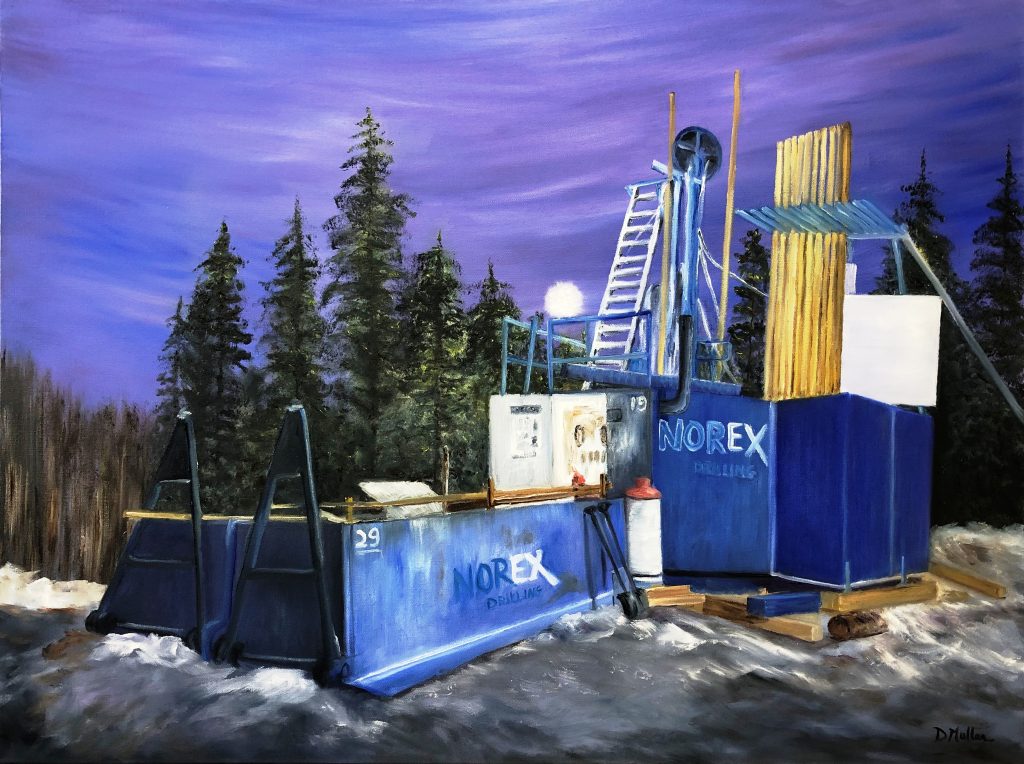 Seismic, Rig, oil painting, Blue, winter, oil painting, artist Donna Muller