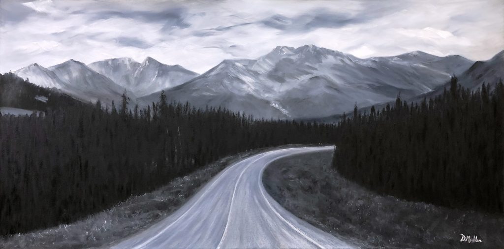 Road, Rocky Mountains, Highway, trees, landscape, oil painting, Donna's Gallery