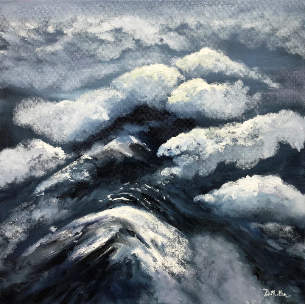 Sky, plane, clouds, oil painting