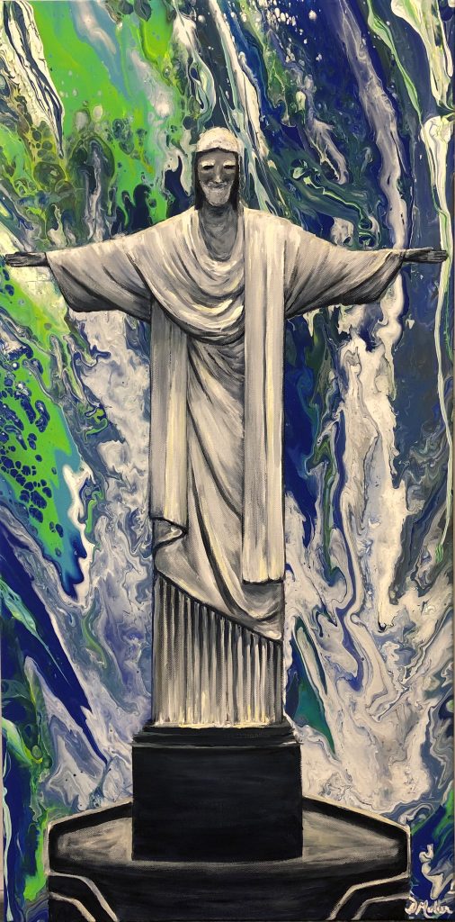 Christ, redeemer, Art Deco, Statue, Jesus Christ, Rio de Janeiro, Brazil, French sculptor, Paul Landowsk, acrylic, pour, painting, Donnna Mulleerpi