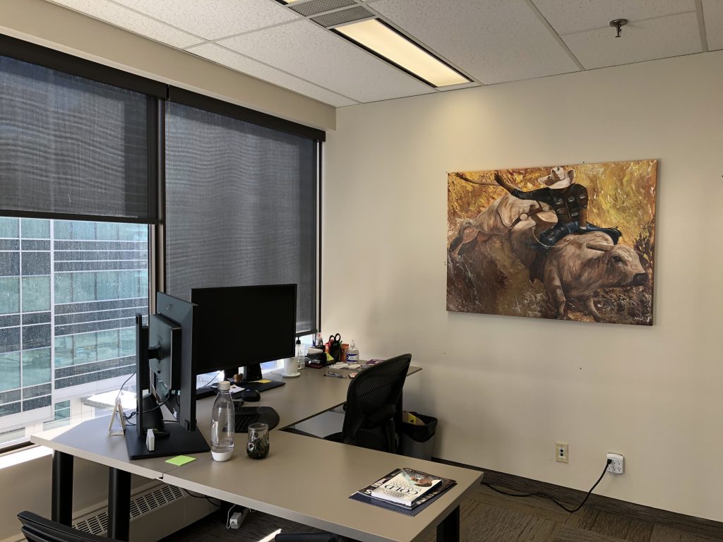 Bull Riding, acrylic, pour, painting, Krux, office, Calgary, Albert, artist, Donna Muller