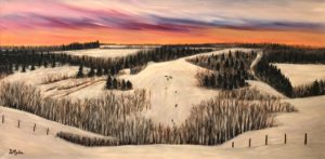 Fur Lake, Mont Nebo, hill, sledding, skidoo, snow, landscape, winter, cold, fence, trees, fun, oil painting, Donna Muller, artist