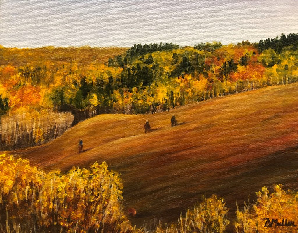 Hill, bush, trees, pasture, Donna Muller, Artist, acrylic painting, horses, cattle, roundup, RM of Canwood
