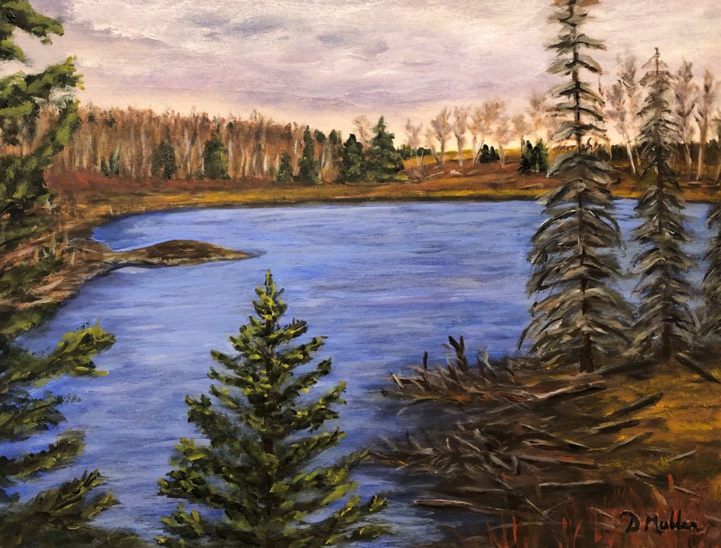 Beaver house, water, landscape, painting