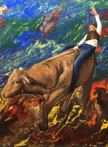 Bull rider, acrylic painting, pour, action, cowboy, abstract