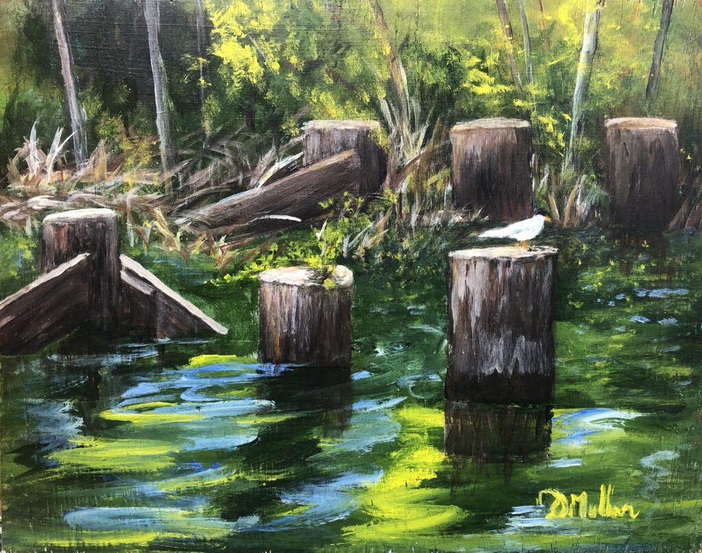 Old railway crossing, track, logs, water, lake, fur lake, bird, kingfisher